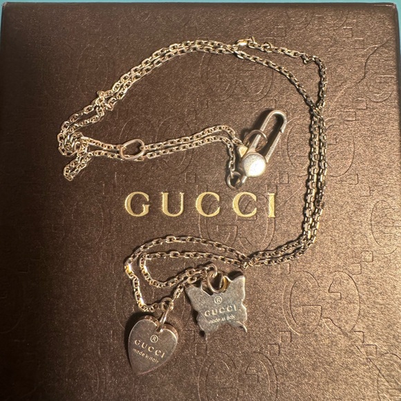 GUCCI Sterling Silver "Trademark" Heart and Butterfly Necklace, 18" chain . - Picture 7 of 15